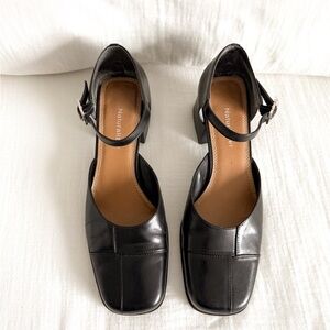 Naturalizer Black Leather Mary Jane Block Heels